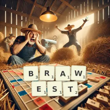 Creative illustration for a Scrabble game with the word BRAWEST spelled out in tiles on the board.