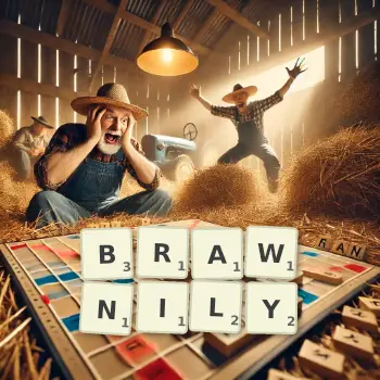 Creative illustration for a Scrabble game with the word BRAWNILY spelled out in tiles on the board.