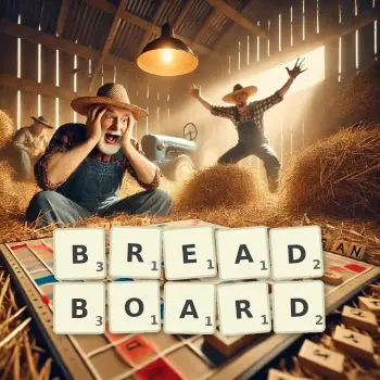 Creative illustration for a Scrabble game with the word BREADBOARD spelled out in tiles on the board.
