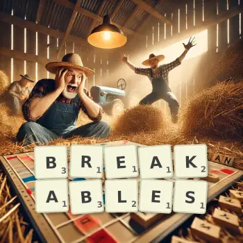 Creative illustration for a Scrabble game with the word BREAKABLES spelled out in tiles on the board.
