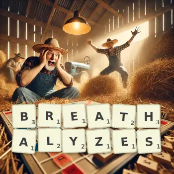 Creative illustration for a Scrabble game with the word BREATHALYZES spelled out in tiles on the board.