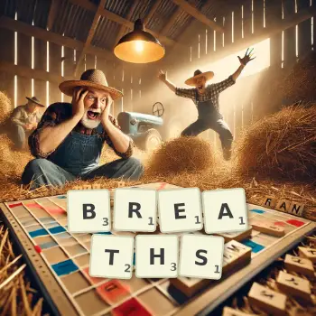 Creative illustration for a Scrabble game with the word BREATHS spelled out in tiles on the board.