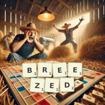 Creative illustration for a Scrabble game with the word BREEZED spelled out in tiles on the board.