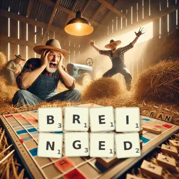 Creative illustration for a Scrabble game with the word BREINGED spelled out in tiles on the board.