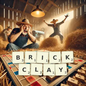 Creative illustration for a Scrabble game with the word BRICKCLAY spelled out in tiles on the board.