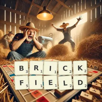Creative illustration for a Scrabble game with the word BRICKFIELD spelled out in tiles on the board.