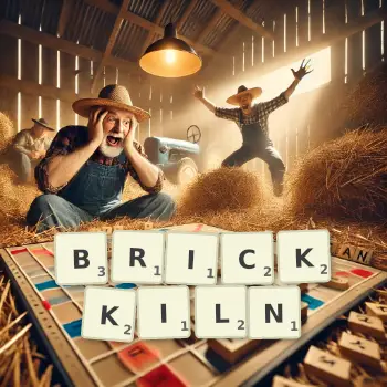 Creative illustration for a Scrabble game with the word BRICKKILN spelled out in tiles on the board.