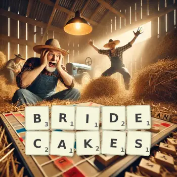 Creative illustration for a Scrabble game with the word BRIDECAKES spelled out in tiles on the board.
