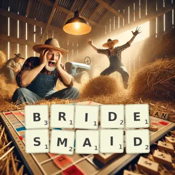 Creative illustration for a Scrabble game with the word BRIDESMAID spelled out in tiles on the board.
