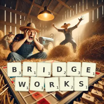 Creative illustration for a Scrabble game with the word BRIDGEWORKS spelled out in tiles on the board.