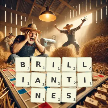 Creative illustration for a Scrabble game with the word BRILLIANTINES spelled out in tiles on the board.