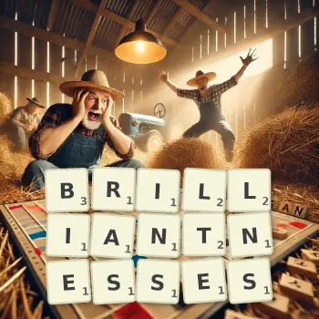 Creative illustration for a Scrabble game with the word BRILLIANTNESSES spelled out in tiles on the board.