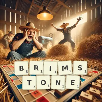 Creative illustration for a Scrabble game with the word BRIMSTONE spelled out in tiles on the board.