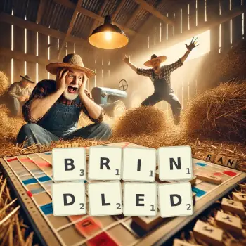 Creative illustration for a Scrabble game with the word BRINDLED spelled out in tiles on the board.