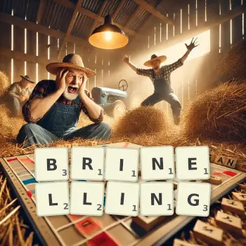 Creative illustration for a Scrabble game with the word BRINELLING spelled out in tiles on the board.