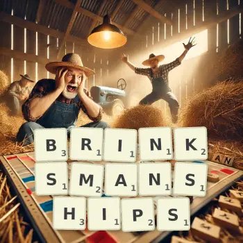 Creative illustration for a Scrabble game with the word BRINKSMANSHIPS spelled out in tiles on the board.