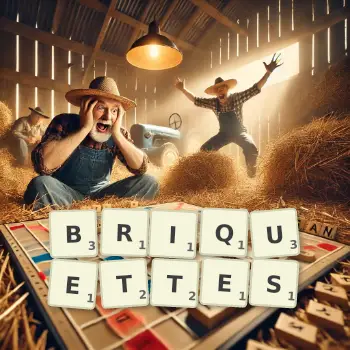 Creative illustration for a Scrabble game with the word BRIQUETTES spelled out in tiles on the board.