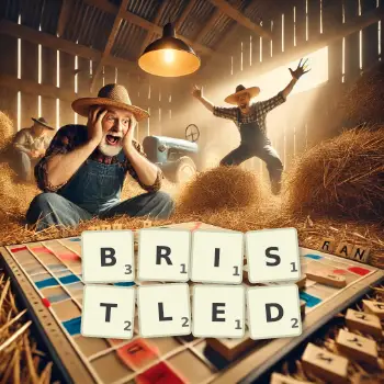 Creative illustration for a Scrabble game with the word BRISTLED spelled out in tiles on the board.