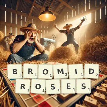 Creative illustration for a Scrabble game with the word BROMIDROSES spelled out in tiles on the board.