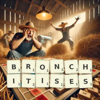 Creative illustration for a Scrabble game with the word BRONCHITISES spelled out in tiles on the board.