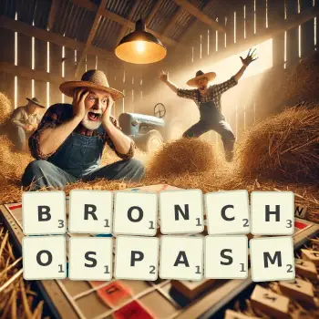 Creative illustration for a Scrabble game with the word BRONCHOSPASM spelled out in tiles on the board.