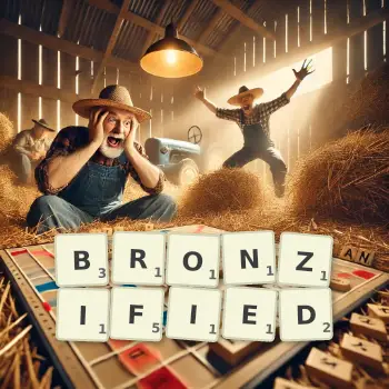 Creative illustration for a Scrabble game with the word BRONZIFIED spelled out in tiles on the board.