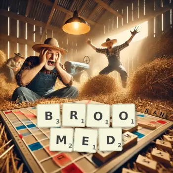 Creative illustration for a Scrabble game with the word BROOMED spelled out in tiles on the board.