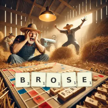 Creative illustration for a Scrabble game with the word BROSE spelled out in tiles on the board.