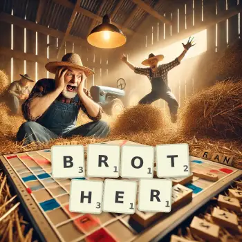 Creative illustration for a Scrabble game with the word BROTHER spelled out in tiles on the board.