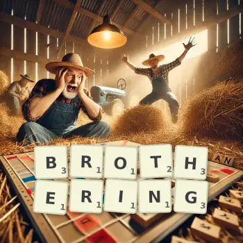 Creative illustration for a Scrabble game with the word BROTHERING spelled out in tiles on the board.