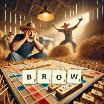 Creative illustration for a Scrabble game with the word BROW spelled out in tiles on the board.