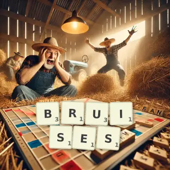Creative illustration for a Scrabble game with the word BRUISES spelled out in tiles on the board.