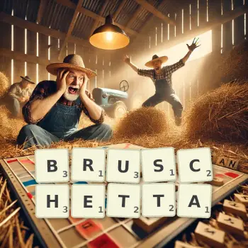 Creative illustration for a Scrabble game with the word BRUSCHETTA spelled out in tiles on the board.