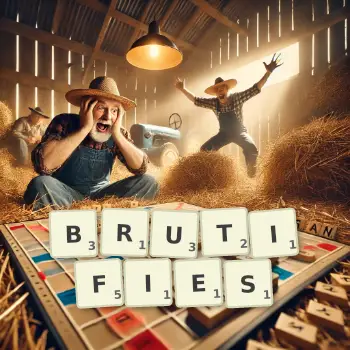 Creative illustration for a Scrabble game with the word BRUTIFIES spelled out in tiles on the board.