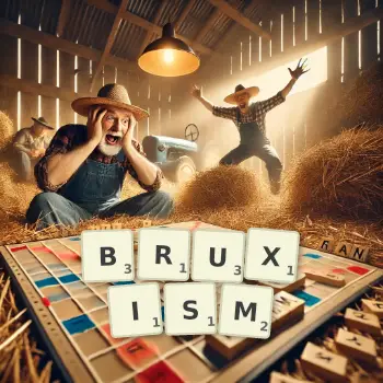 Creative illustration for a Scrabble game with the word BRUXISM spelled out in tiles on the board.