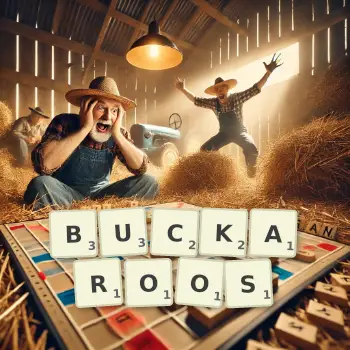 Creative illustration for a Scrabble game with the word BUCKAROOS spelled out in tiles on the board.
