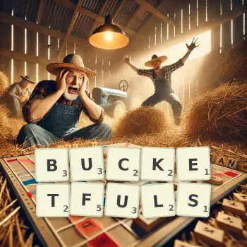 Creative illustration for a Scrabble game with the word BUCKETFULS spelled out in tiles on the board.