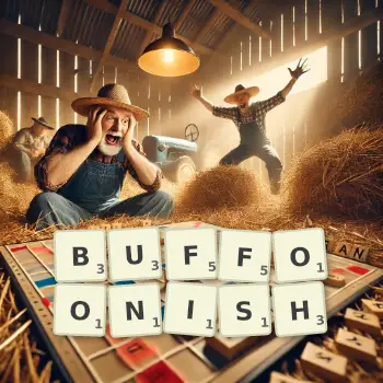 Creative illustration for a Scrabble game with the word BUFFOONISH spelled out in tiles on the board.