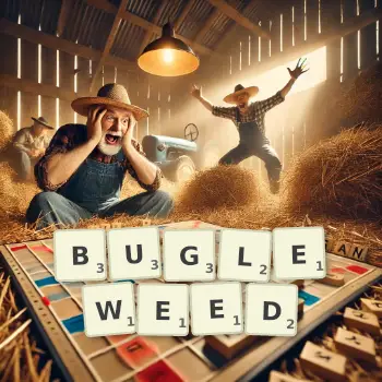 Creative illustration for a Scrabble game with the word BUGLEWEED spelled out in tiles on the board.