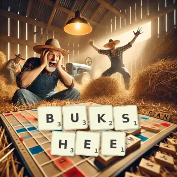 Creative illustration for a Scrabble game with the word BUKSHEE spelled out in tiles on the board.