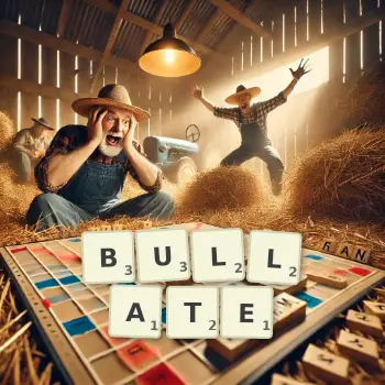 Creative illustration for a Scrabble game with the word BULLATE spelled out in tiles on the board.
