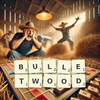 Creative illustration for a Scrabble game with the word BULLETWOOD spelled out in tiles on the board.