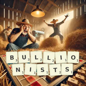 Creative illustration for a Scrabble game with the word BULLIONISTS spelled out in tiles on the board.