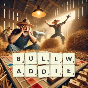 Creative illustration for a Scrabble game with the word BULLWADDIE spelled out in tiles on the board.