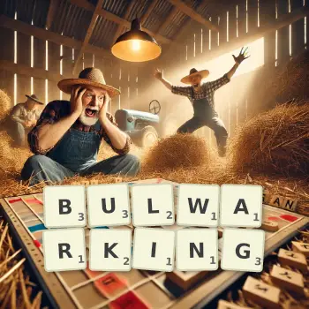 Creative illustration for a Scrabble game with the word BULWARKING spelled out in tiles on the board.