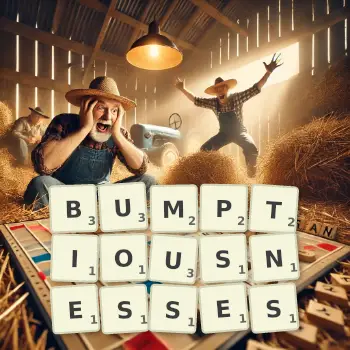 Creative illustration for a Scrabble game with the word BUMPTIOUSNESSES spelled out in tiles on the board.