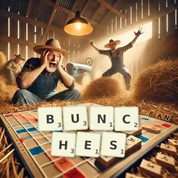 Creative illustration for a Scrabble game with the word BUNCHES spelled out in tiles on the board.