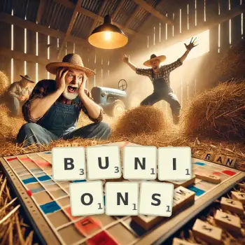 Creative illustration for a Scrabble game with the word BUNIONS spelled out in tiles on the board.