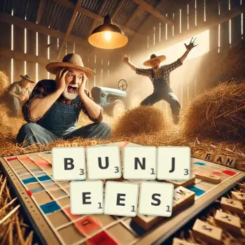 Creative illustration for a Scrabble game with the word BUNJEES spelled out in tiles on the board.
