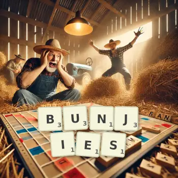 Creative illustration for a Scrabble game with the word BUNJIES spelled out in tiles on the board.
